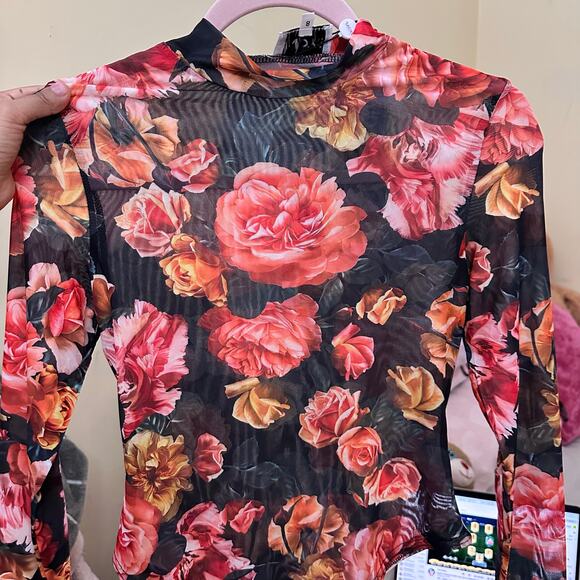 SNDYS Sheer Floral Long Sleeve Bodysuit Size Small Black Red SFBS016 - Picture 3 of 9